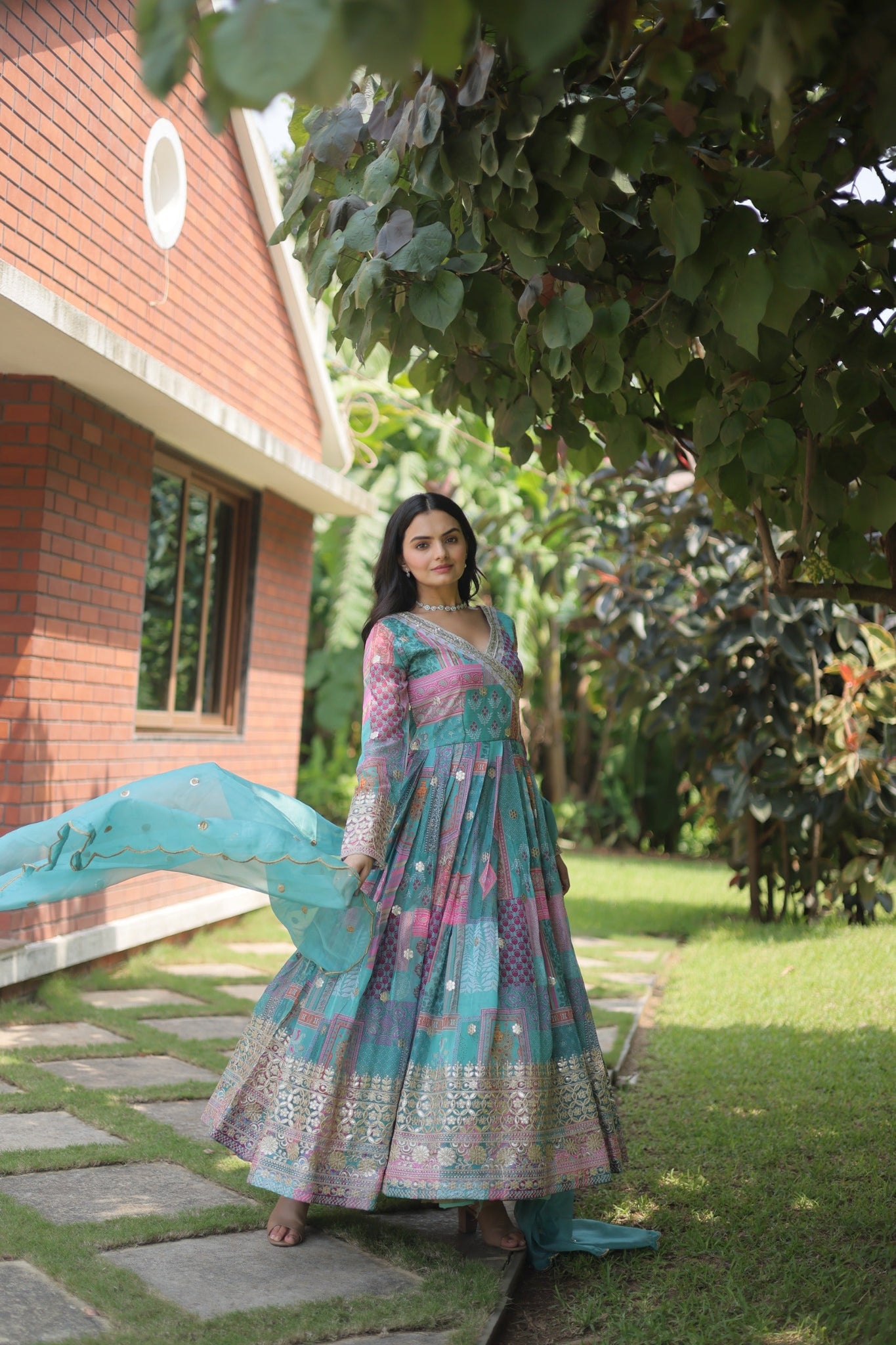 Teal Celestial Silk Embroidered Gown-Dupatta Set