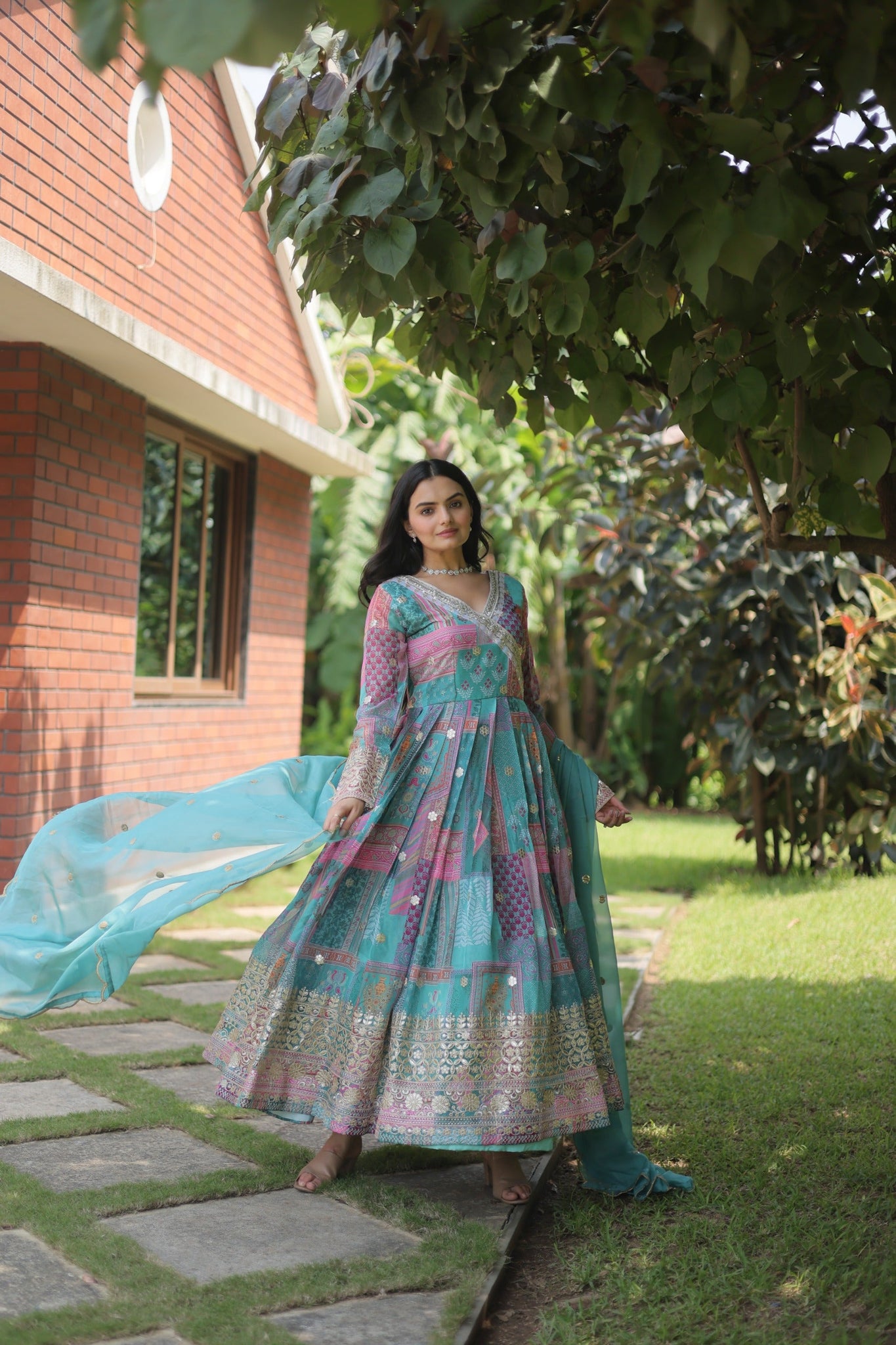 Teal Celestial Silk Embroidered Gown-Dupatta Set