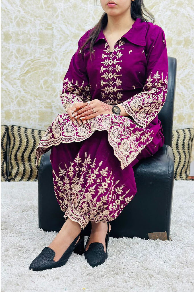 Wine Eid Special Designer Gold Zari Embroidered Afghani Co-Ord Set