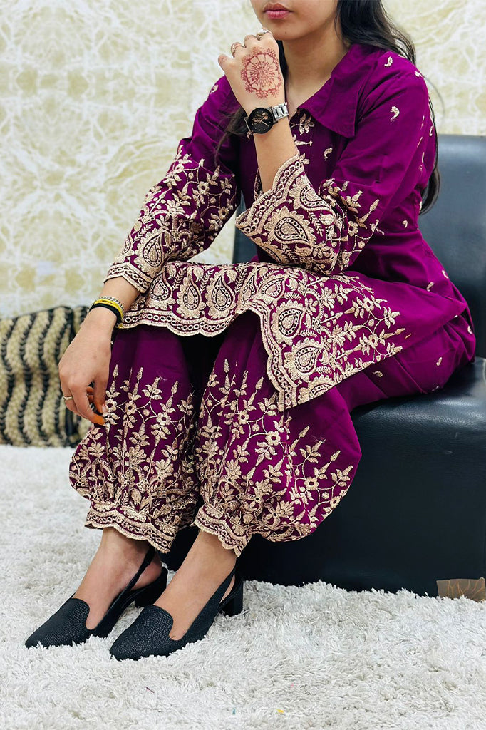 Wine Eid Special Designer Gold Zari Embroidered Afghani Co-Ord Set